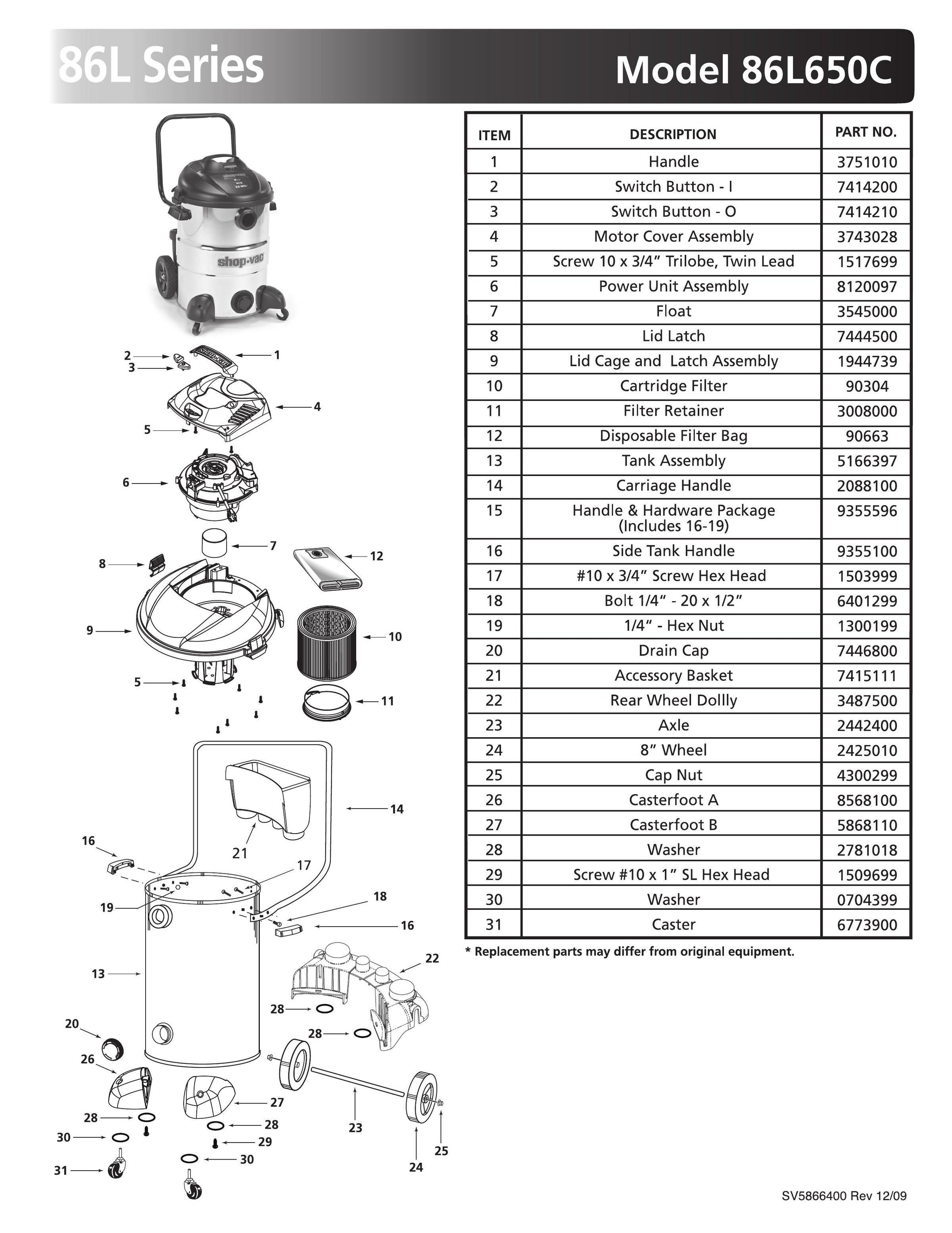  Original Parts and Accessories カタログ 86L650C 16-Gal Stainless Vac, Rear Dolly, Handle Parts List | Shop