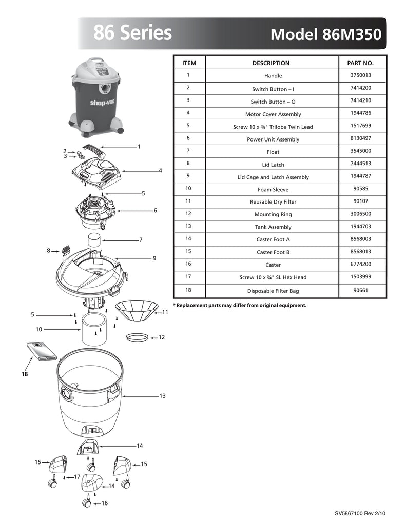 Shop-Vac Parts List for 86M350 Models (10 Gallon* Green / Gray Vac)