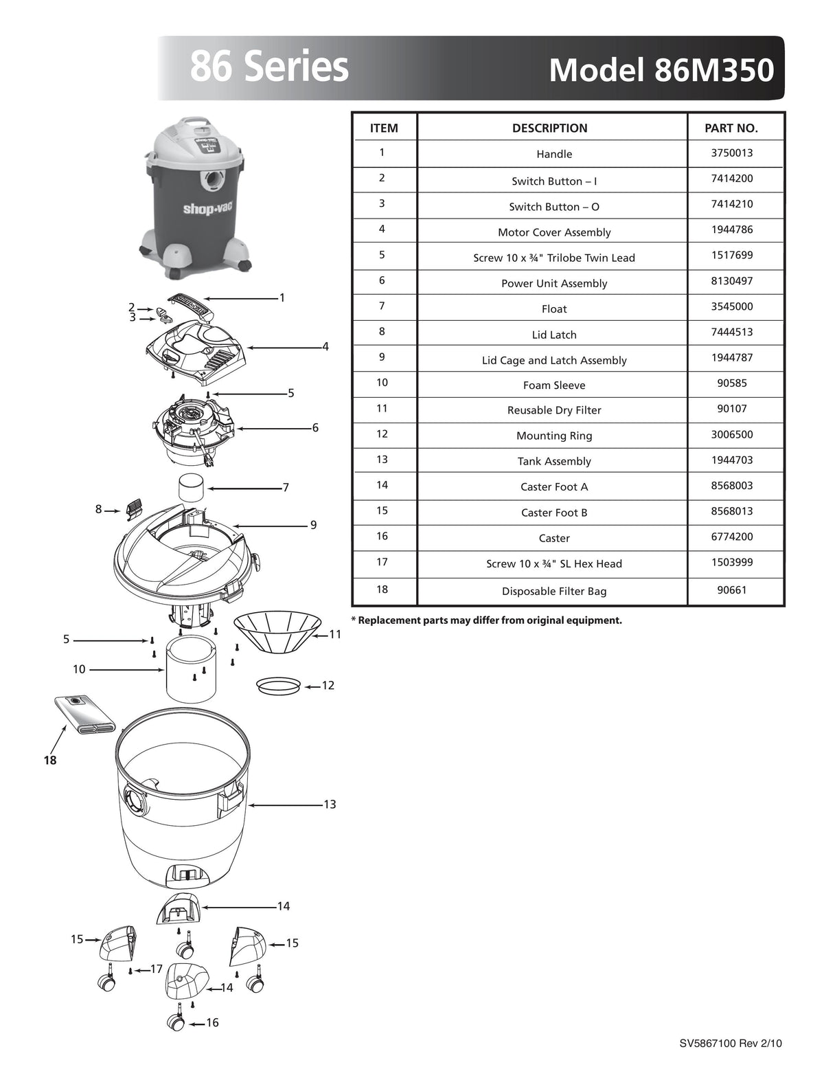 ShopVac Parts List for 86M350 Models (10 Gallon* Green / Gray Vac) ShopVac Store