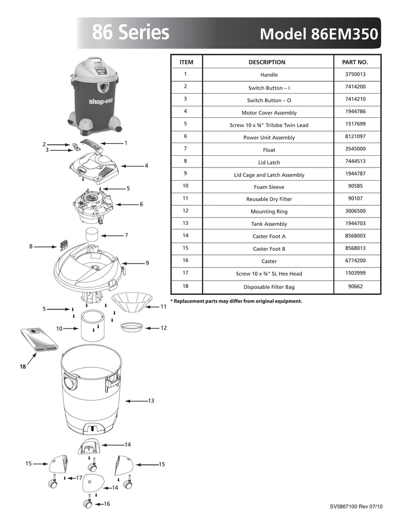 Shop-Vac Parts List for 86EM350 Models (10 Gallon* Green / Gray Vac)