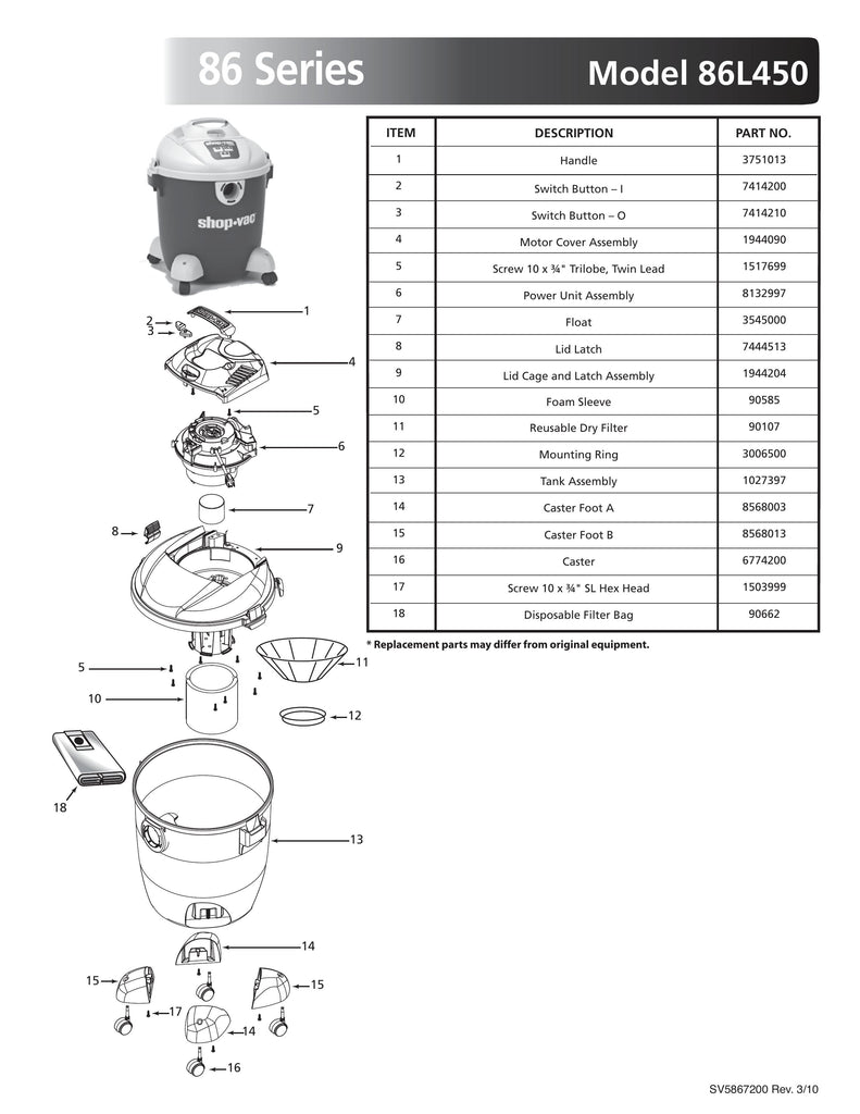 Shop-Vac Parts List for 86L450 Models (12 Gallon* Green / Gray Vac)