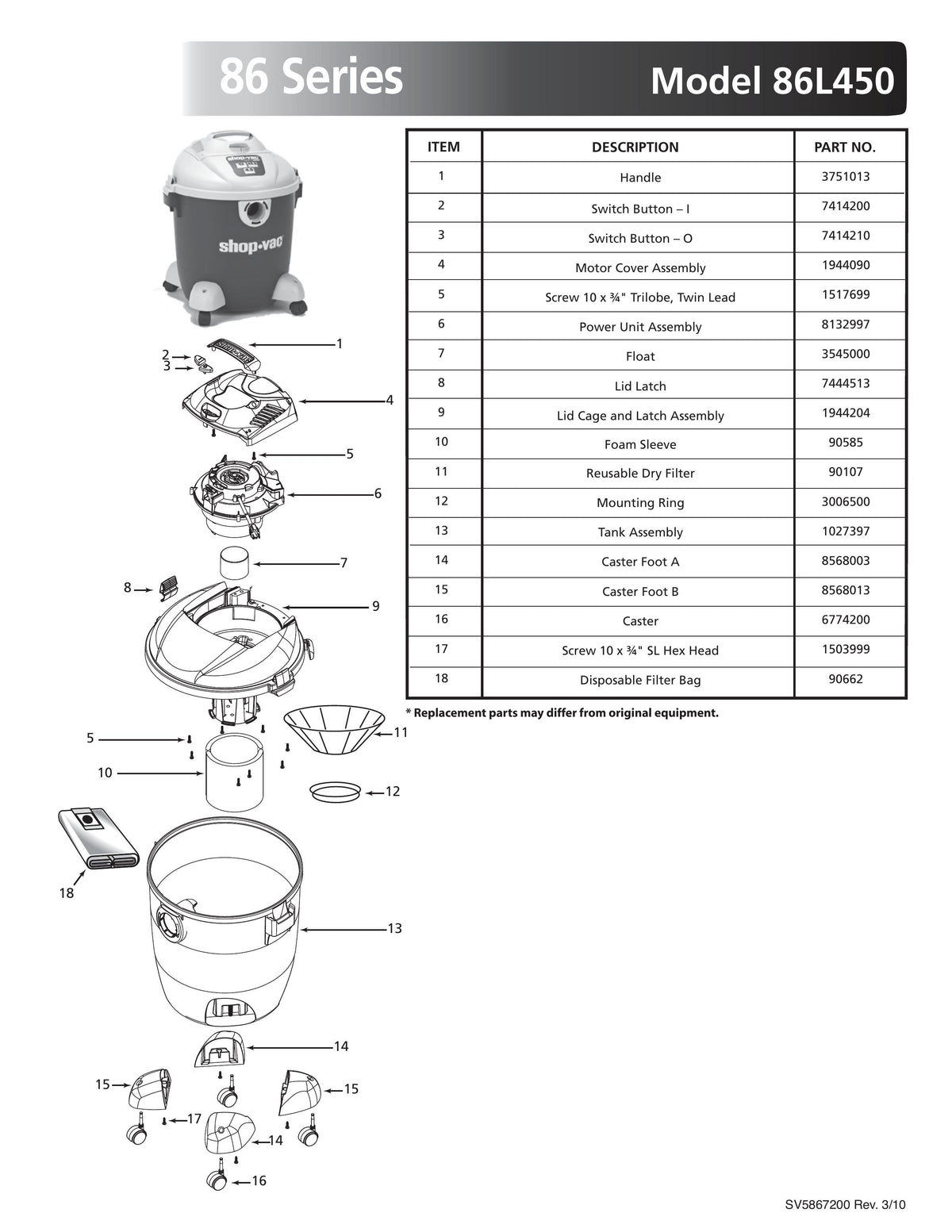 ShopVac Parts List for 86L450 Models (12 Gallon* Green / Gray Vac