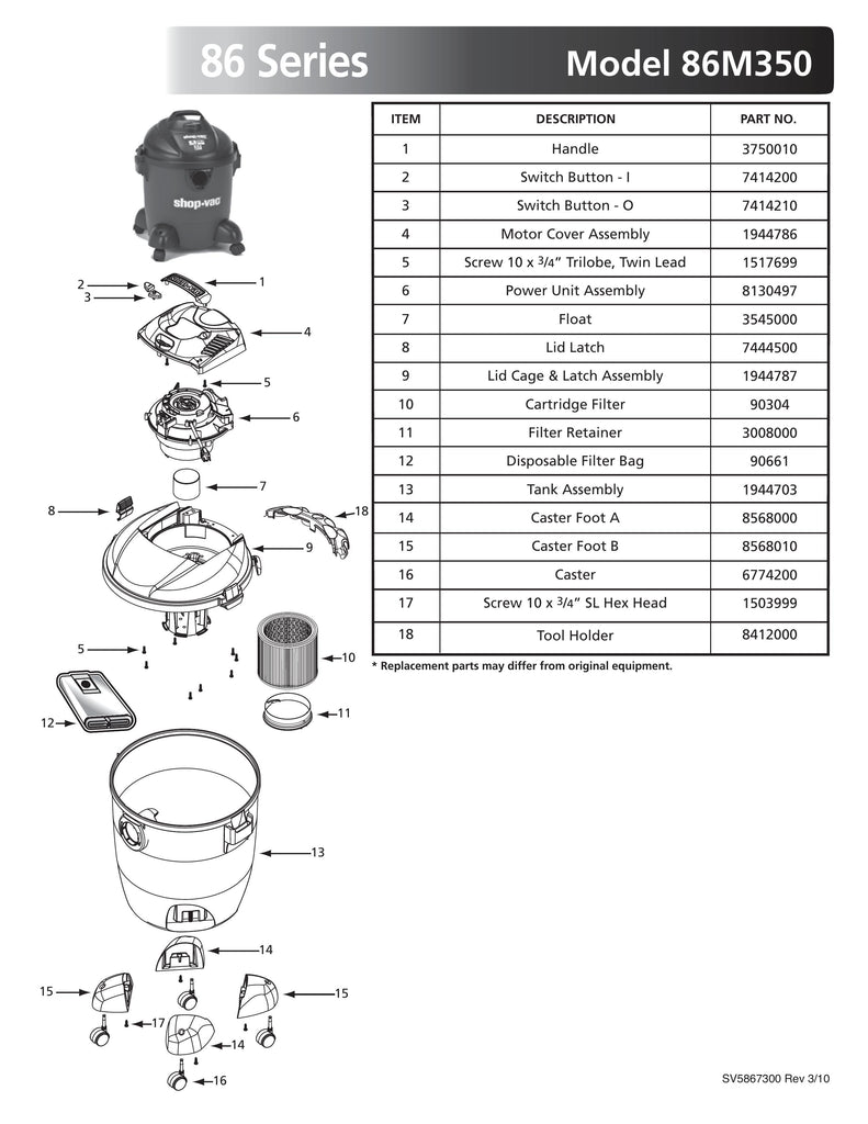 Shop-Vac Parts List for 86M350 Models (8 Gallon* Black or Black / Gray Vac)