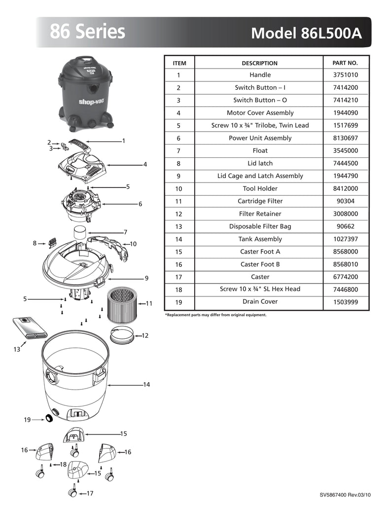 Shop-Vac Parts List for 86L500A Models (12 Gallon* Black or Black / Gray Vac w/ Four Caster Feet)