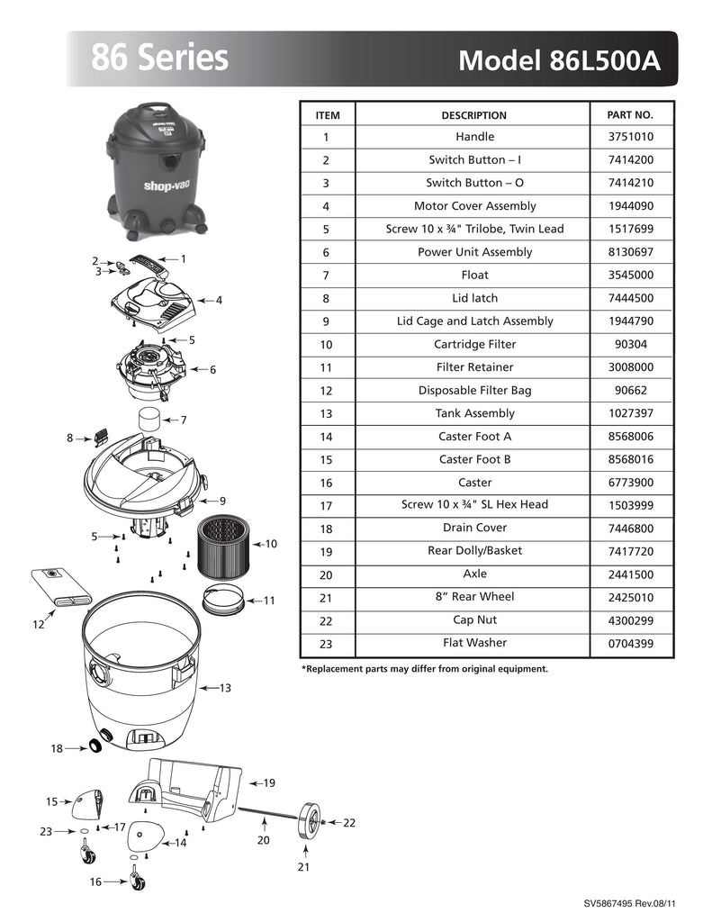 Shop-Vac Parts List for 86L500A Models (12 Gallon* Black Vac w/ Rear Basket)