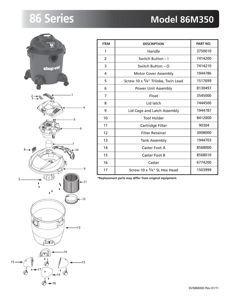 Shop-Vac Parts List for 86M350 Models (8 Gallon* Red / Black Vac)