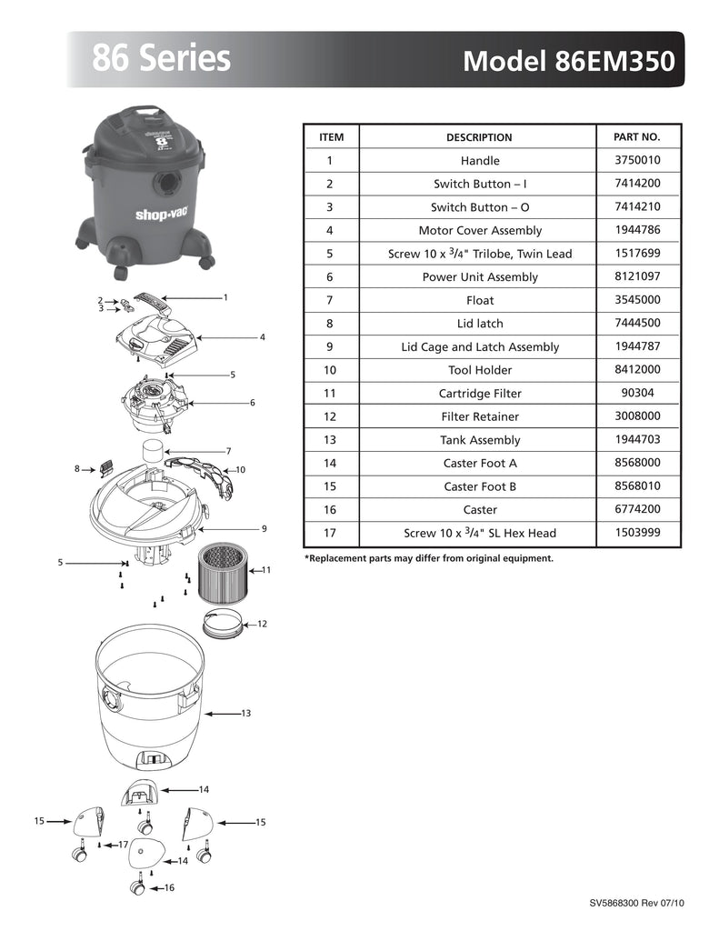 Shop-Vac Parts List for 86EM350 Models (8 Gallon* Red / Black Vac w/ Cartridge Filter)