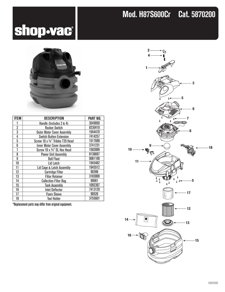 Shop-Vac Parts List for H87S600Cr Models (Shop-Vac 5 Gallon 6.0 Peak HP Portable, Heavy Duty Wet/Dry Utility Vacuum)