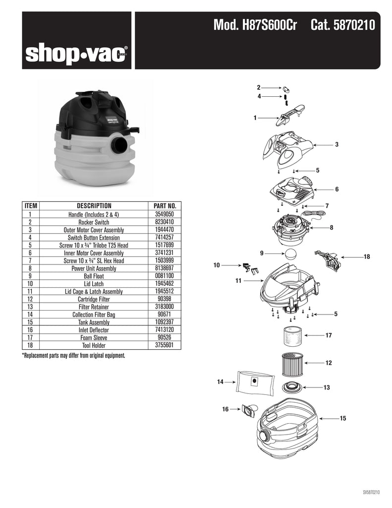 Shop-Vac Parts List for H87S600Cr Models (Shop-Vac 5 Gallon* 6.0 Peak HP** Contractor Portable Wet/Dry Vac)