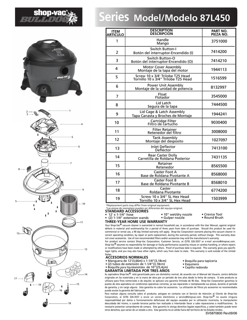 Shop-Vac Parts List for 87L450 Models (8 Gallon* Red / Black Bulldog® Vac w/ Rear Dolly)
