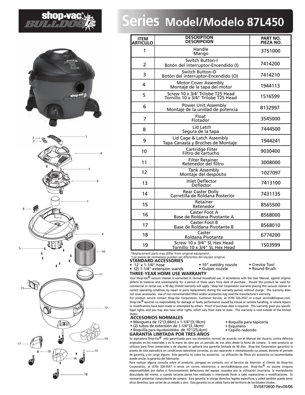 ShopVac Parts List for 87L450 Models (8 Gallon* Red / Black Bulldog