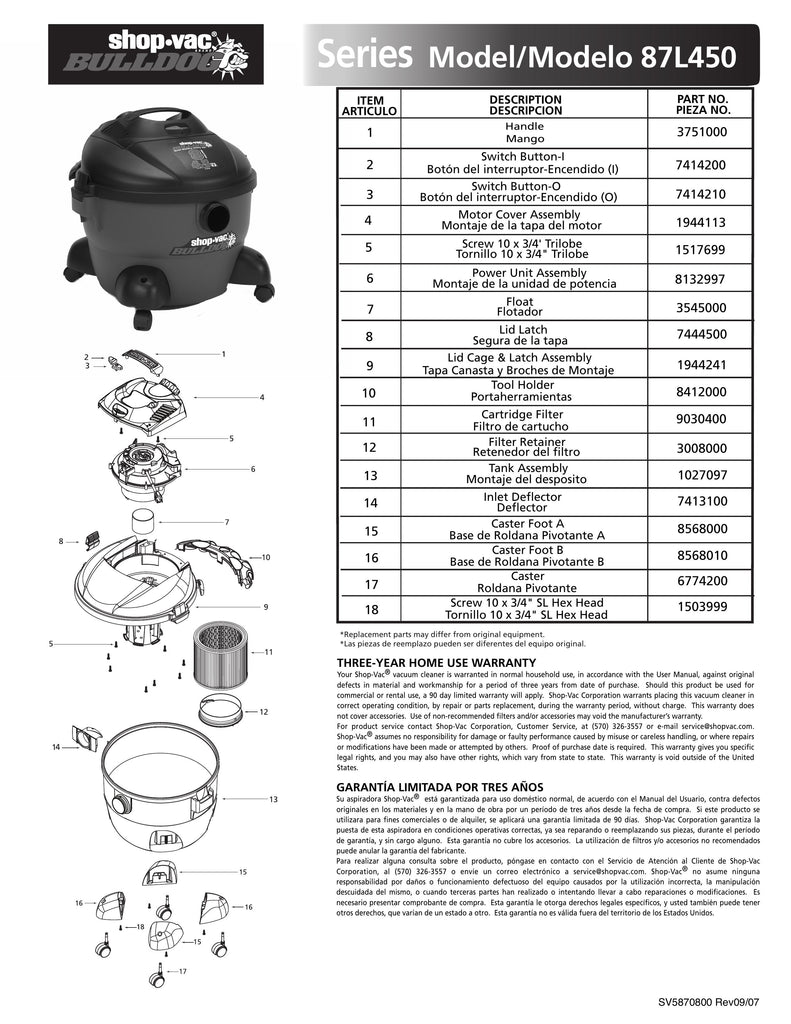 Shop-Vac Parts List for 87L450 Models (8 Gallon* Red / Black Bulldog® Vac)