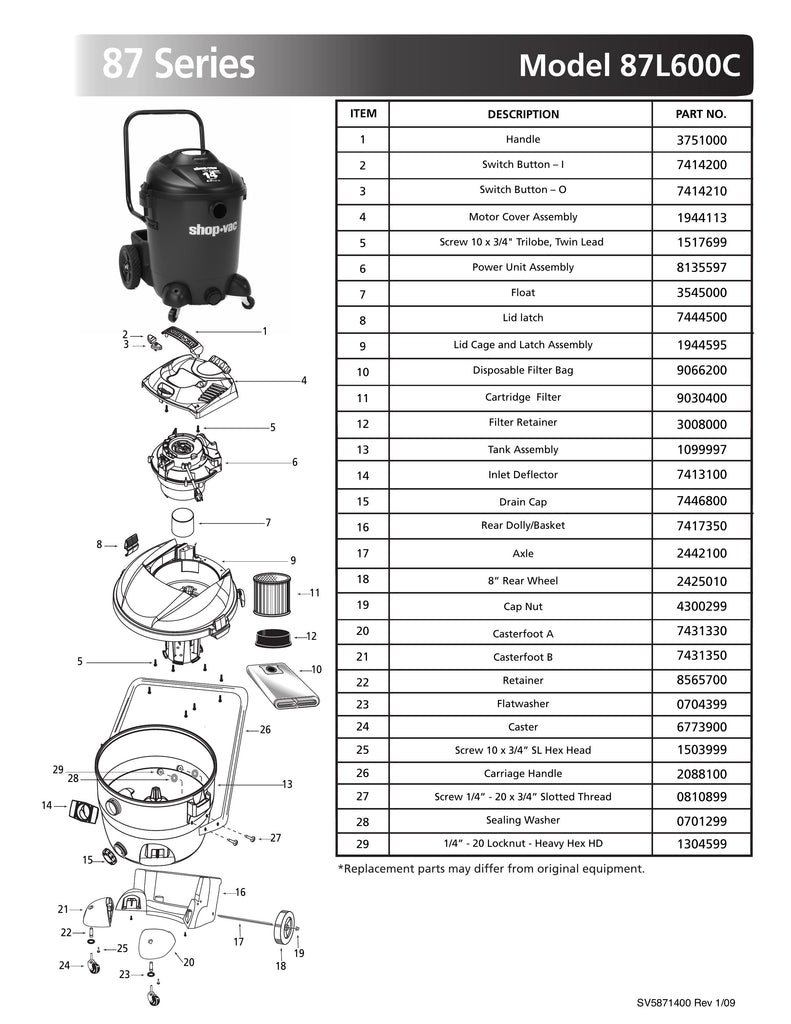 Shop-Vac Parts List for 87L600C Models (14 Gallon* Gray / Black Vac)