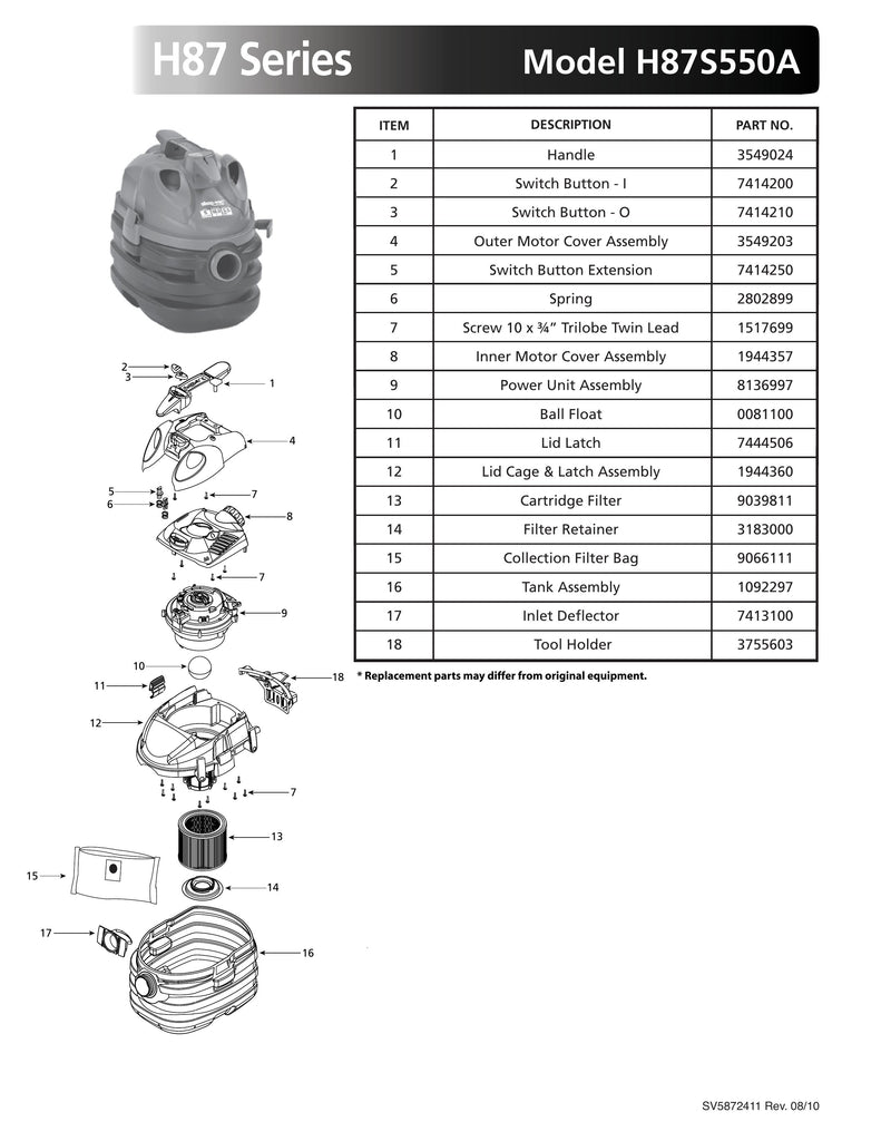 Shop-Vac Parts List for H87S550A Models (5 Gallon* Blue / Gray Portable Vac)