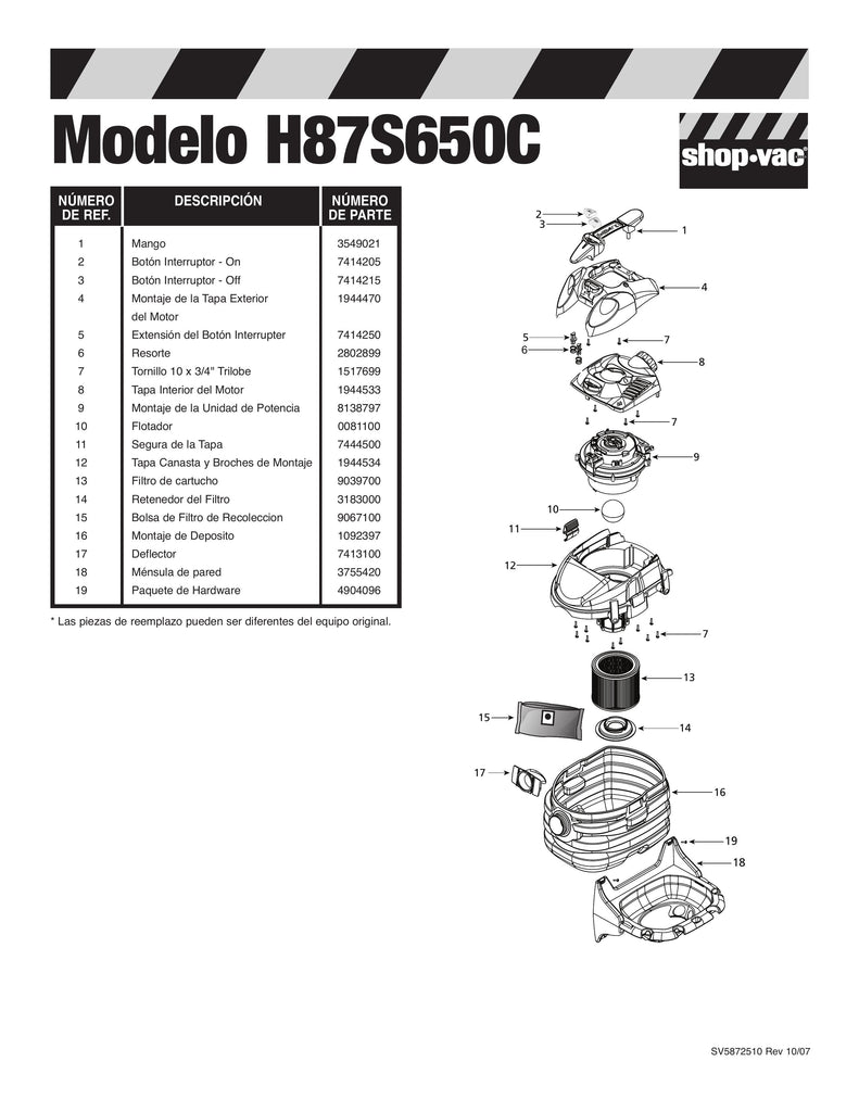Shop-Vac Parts List for H87S650C Models (5 Gallon* Black Portable Vac)