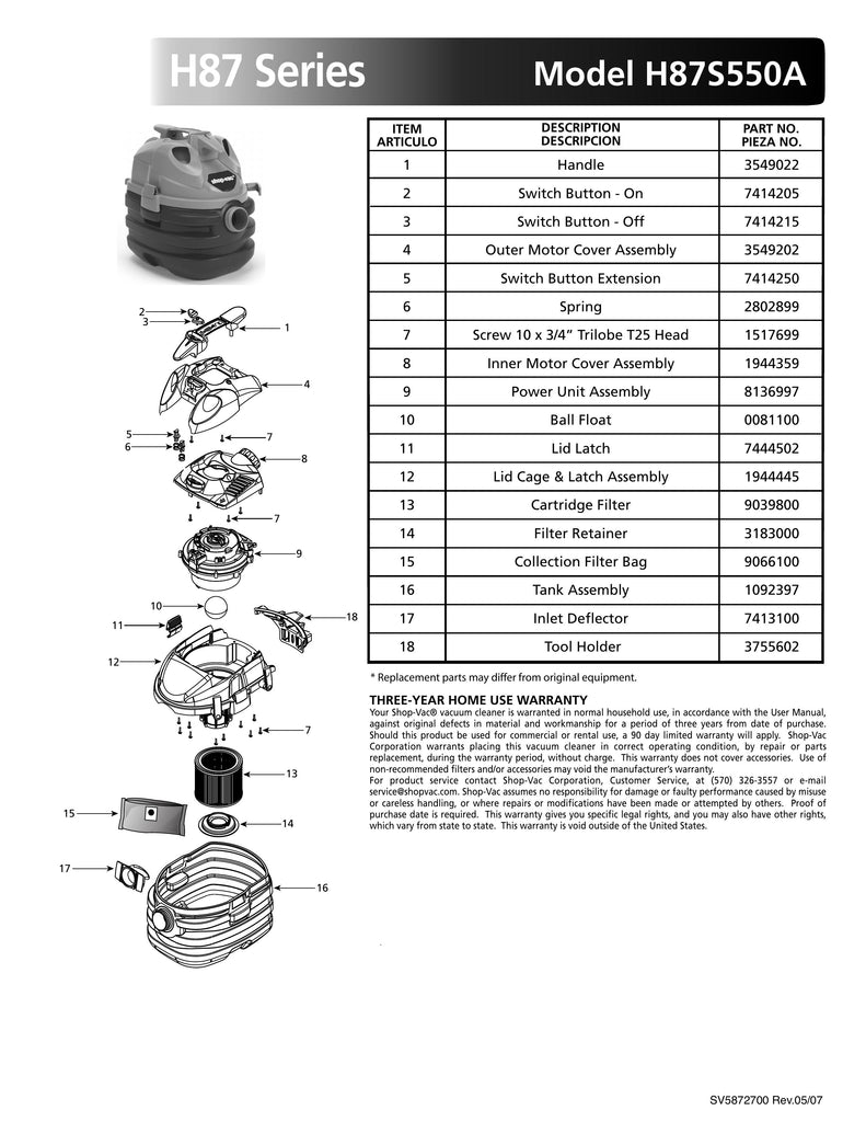 Shop-Vac Parts List for H87S550A Models (5 Gallon* Red / Black Portable Vac)