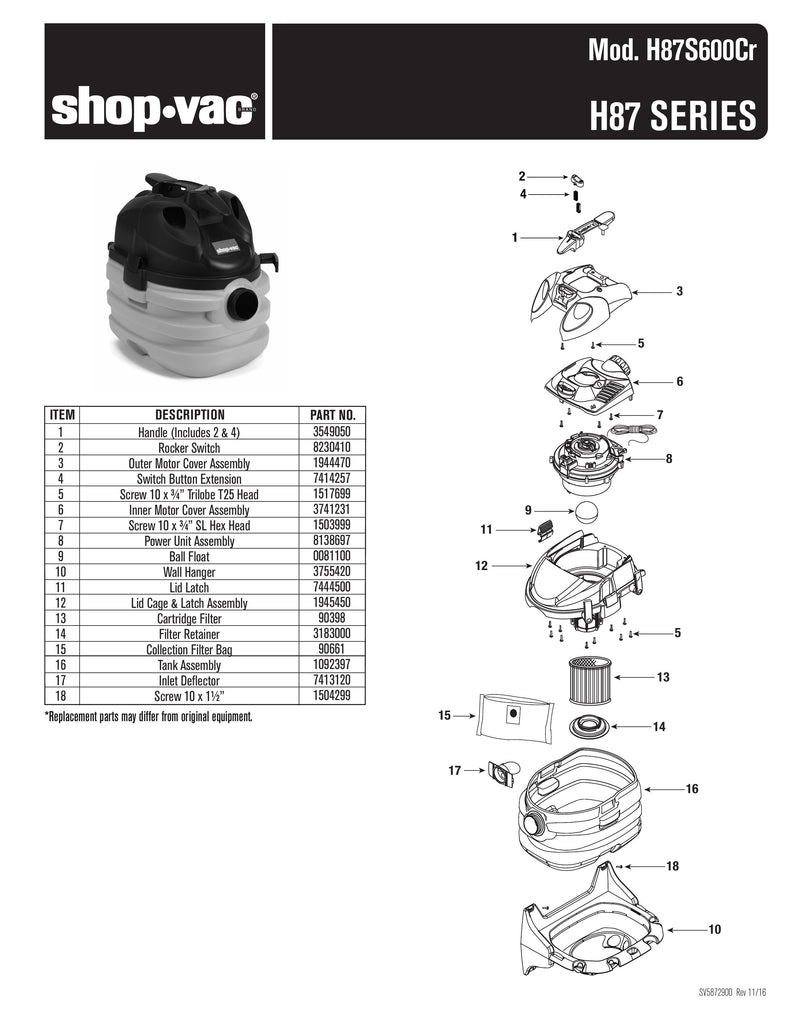Shop-Vac Parts List for H87S600Cr Models (5 Gallon* Yellow / Black Portable Vac w/ Wall Mount)