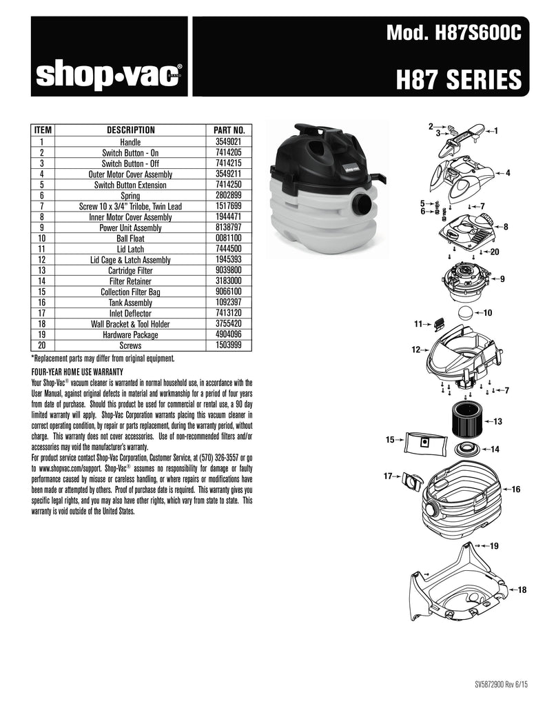 Shop-Vac Parts List for H87S600C Models (5 Gallon* Yellow / Black Portable Vac w/ Wall Mount)
