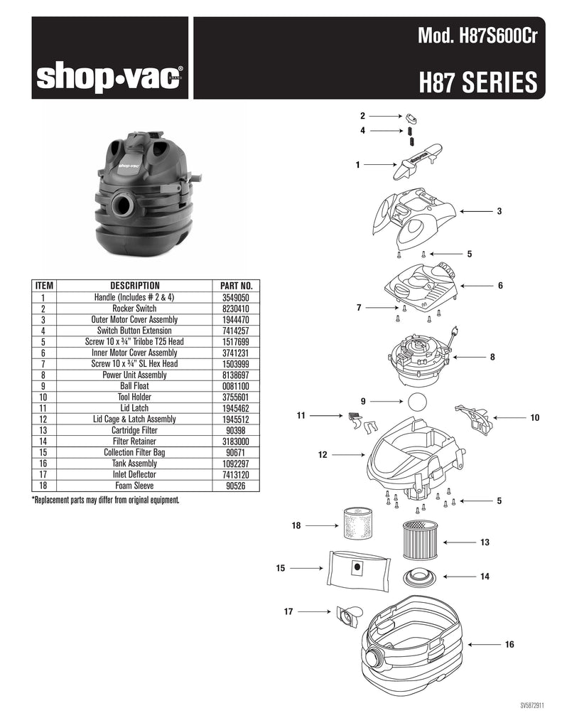 Shop-Vac Parts List for H87S600Cr Models (5 Gallon* Black Portable Vac w/ red latches & tank inlet)