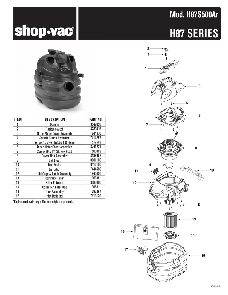 Shop-Vac Parts List for H87S500Ar Models (5 Gallon* Red / Black Portable Vac)