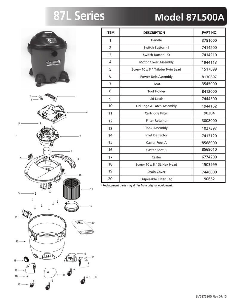 Shop-Vac Parts List for 87L500A Models (12 Gallon* Red / Black Farm, Ranch and Home Vac)