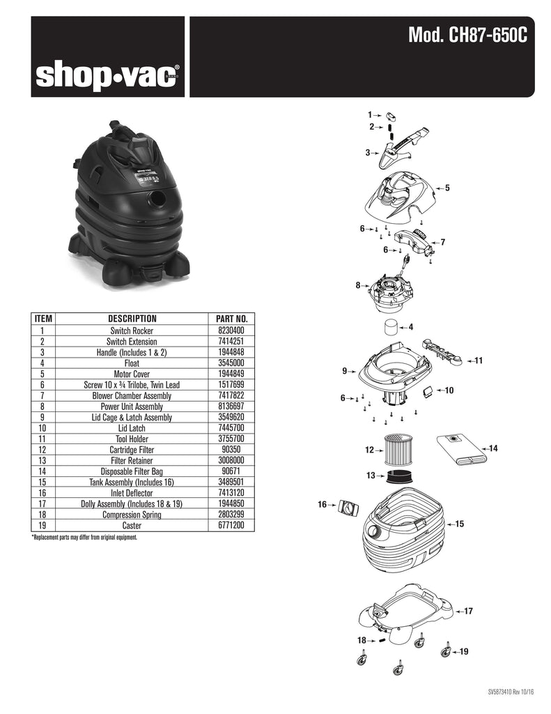 Shop-Vac Parts List for CH87-650C Models (10 Gallon* Yellow / Black Industrial Vac w/ Removable Dolly)