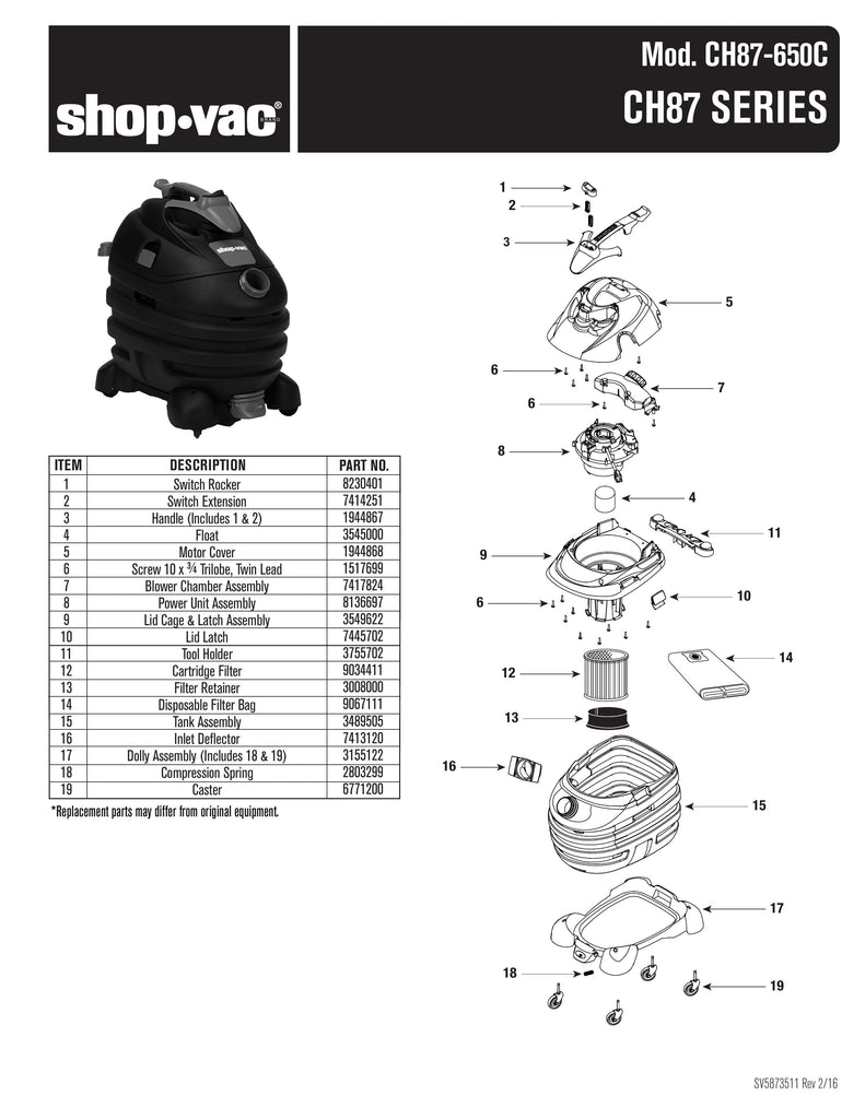 Shop-Vac Parts List for CH87-650C Models (10 Gallon* Black / Red Vac w/ Removable Dolly)