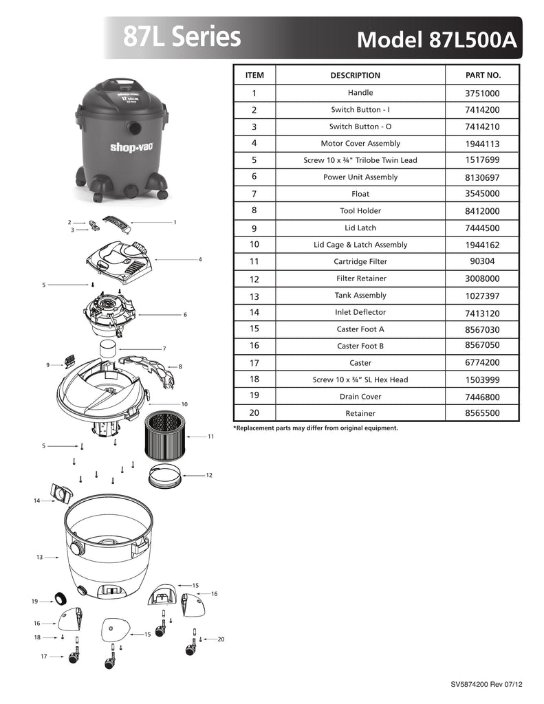 Shop-Vac Parts List for 87L500A Models (12 Gallon* Red / Black Vac)