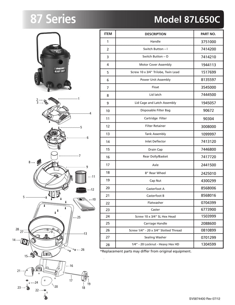 Shop-Vac Parts List for 87L650C Models (14 Gallon* Red / Black Vac)