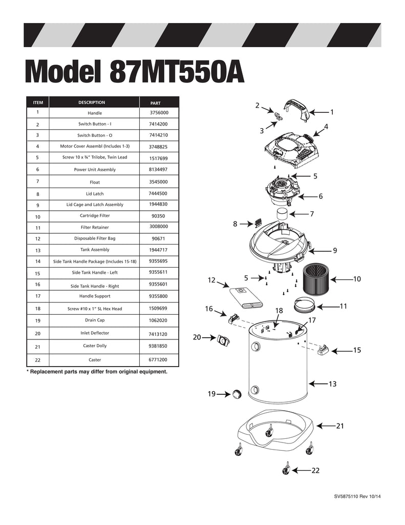 Shop-Vac Parts List for 87MT550A Models (8 Gallon* Black / Stainless Steel Industrial Vac w/ Dolly)
