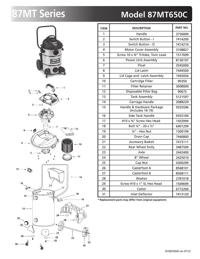 Shop-Vac Parts List for 87MT650C Models (12 Gallon* Black / Stainless Steel Vac)