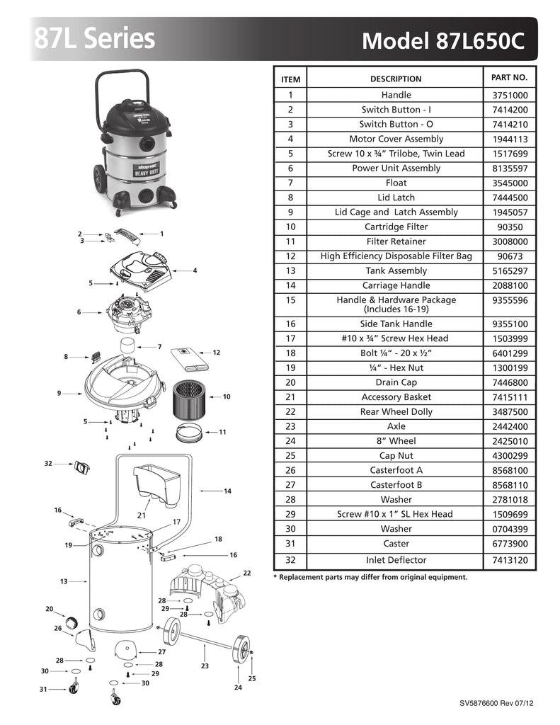 Shop-Vac Parts List for 87L650C Models (16 Gallon* Black Stainless Steel Vac)
