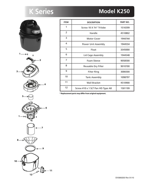 Shop-Vac Parts List for K250 Models (2.5 Gallon* Red / Black Vac