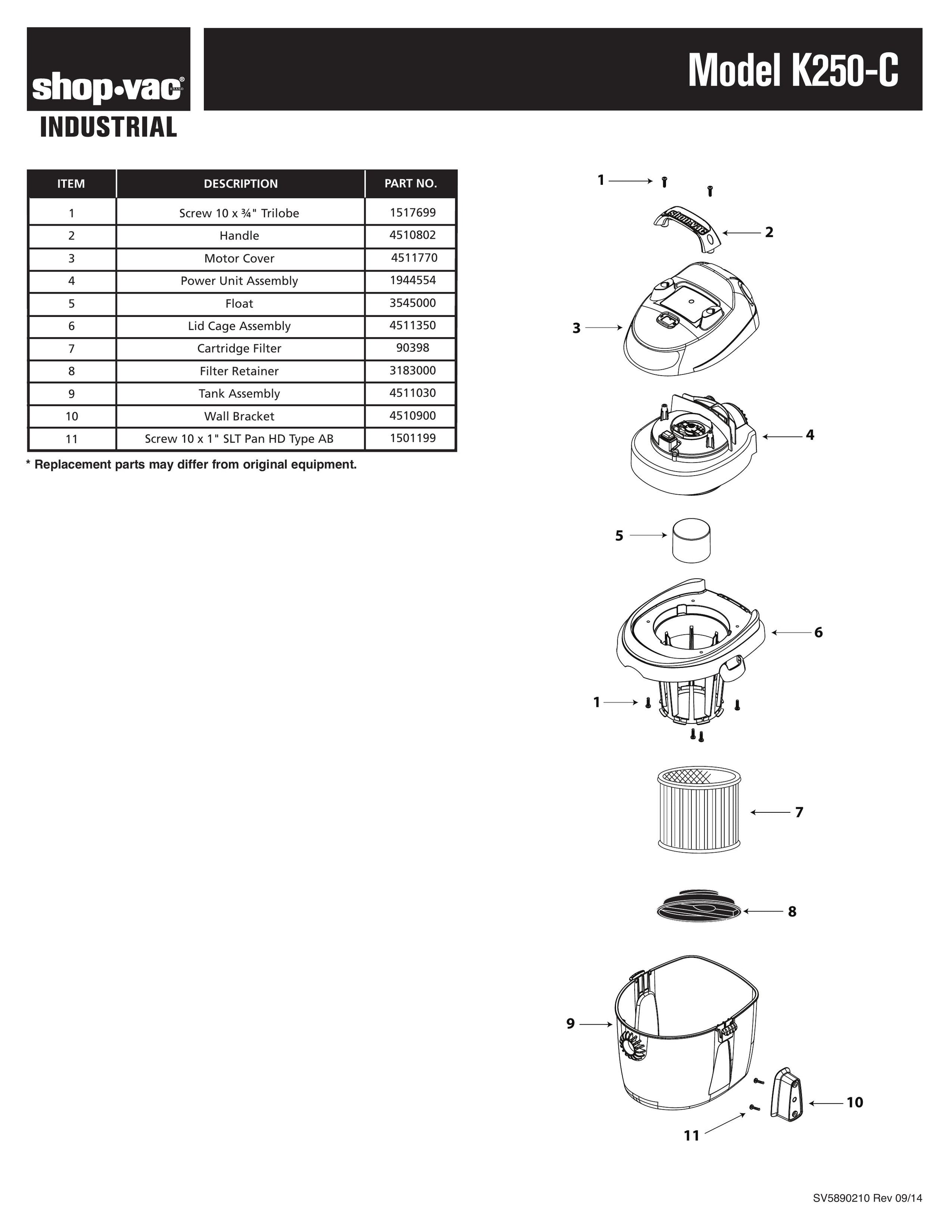 Shop-Vac Parts List for K250-C Models (2.5 Gallon* Portable