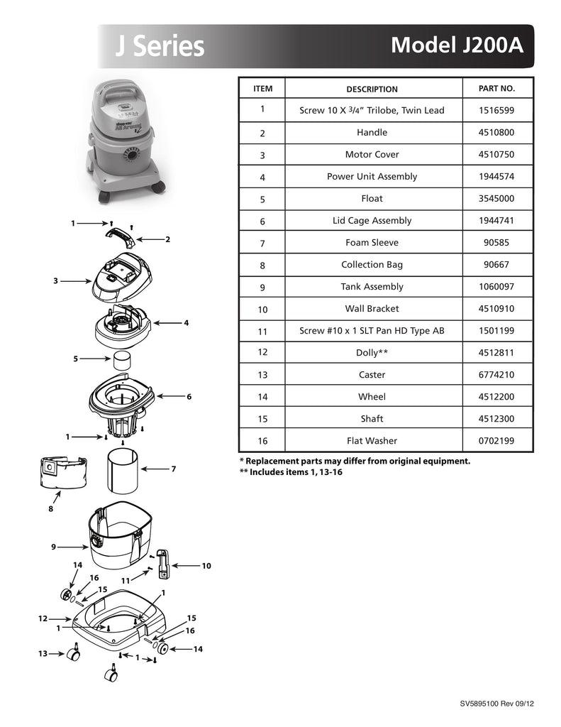Shop-Vac Parts List for J200A Models (1.5 Gallon* Blue / Gray AllAround EZ® Vac)