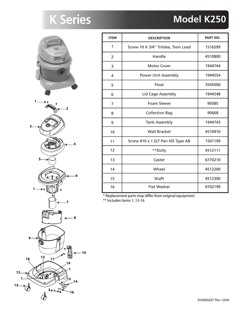 Shop-Vac Parts List for K250 Models (2.5 Gallon* Pink / Gray AllAround EZ® Vac)