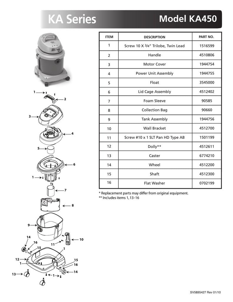 Shop-Vac Parts List for KA450 Models (2.5 Gallon* Purple / Gray