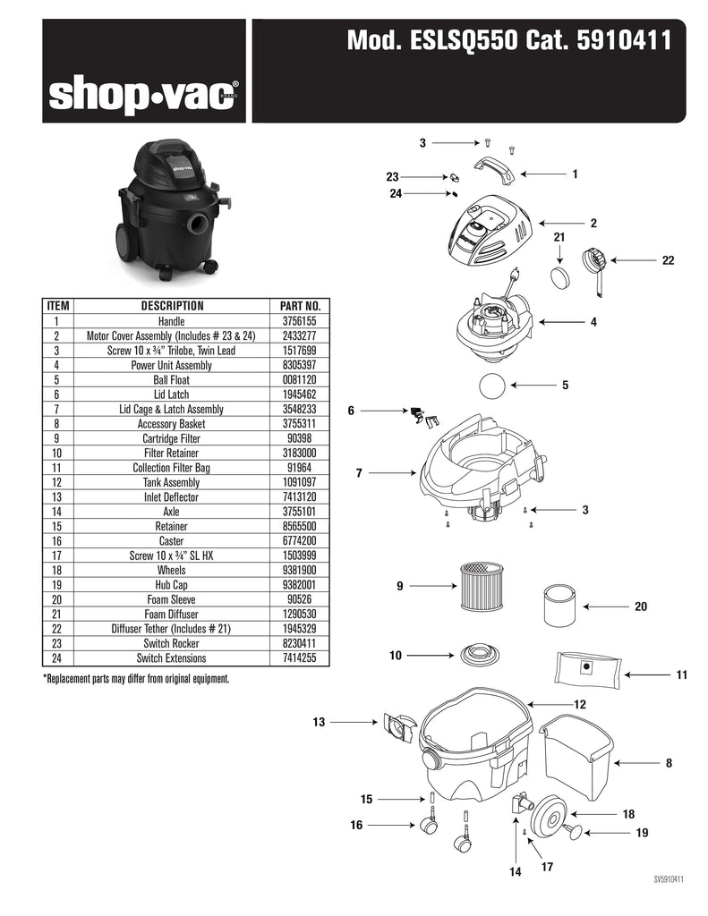Shop-Vac Parts List for ESLSQ550 Models (4 Gallon* 5.5 Peak HP** Wet/Dry Vacuum  with SVX2 Motor Technology)
