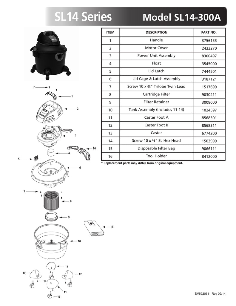 Shop-Vac Parts List for SL14-300A Models (6 Gallon* Black / Red Vac)