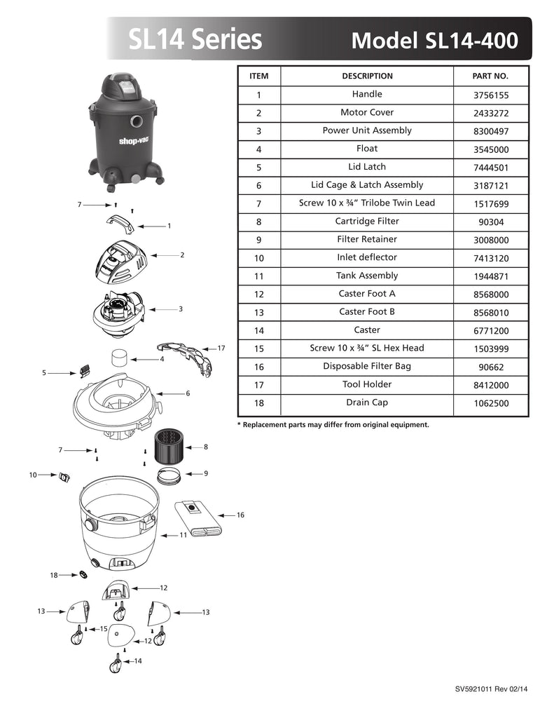 Shop-Vac Parts List for SL14-400 Models (10 Gallon* Black / Red Vac)