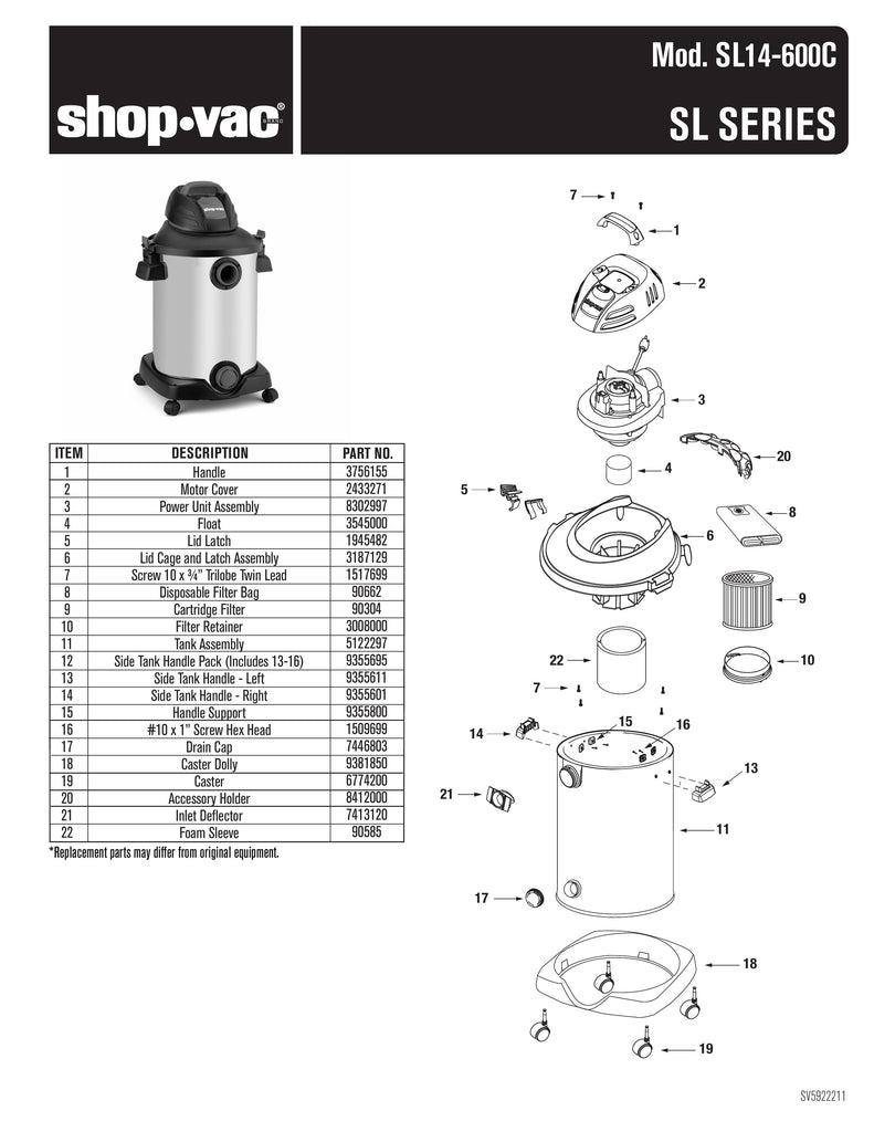 Shop-Vac Parts List for SL14-600C Models (Shop-Vac 12 Gallon* 6.0 Peak HP** Stainless Steel Wet/Dry Vacuum)