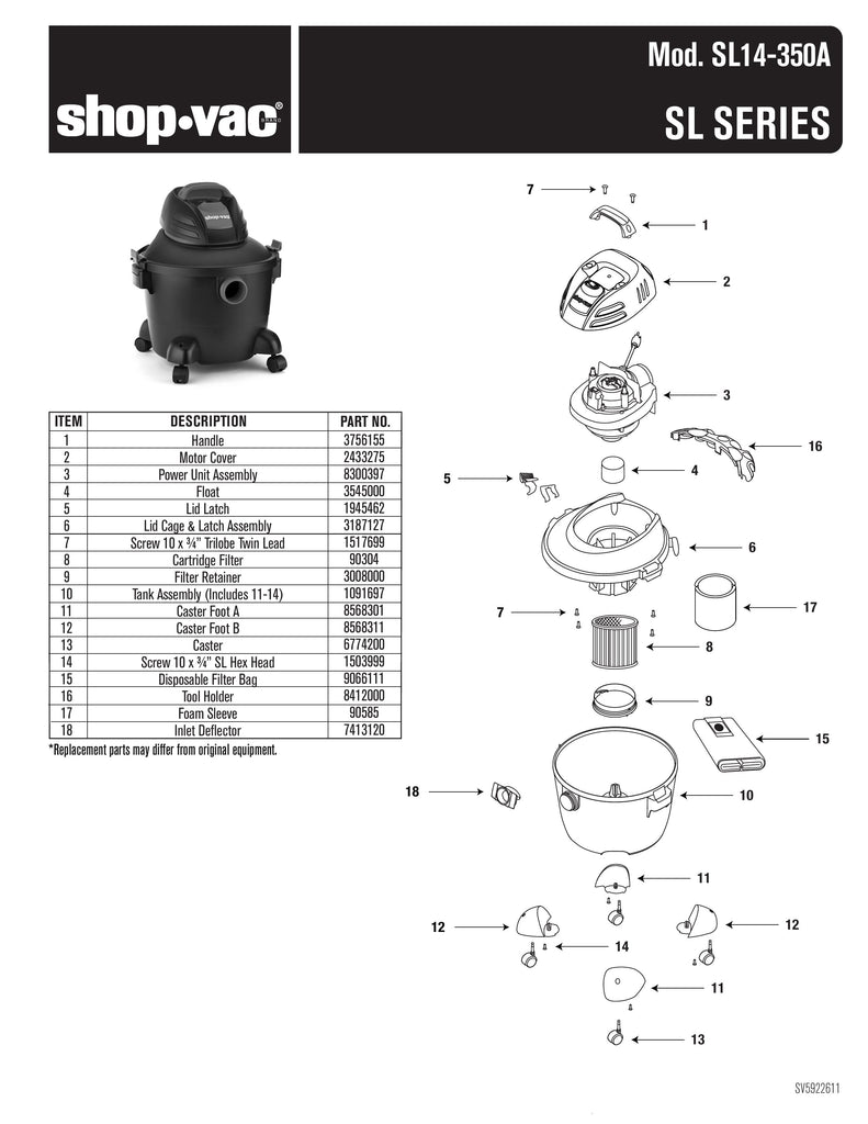 Shop-Vac Parts List for SL14-350A Models (Shop-Vac 6 Gallon* 3.5 Peak HP** Wet/Dry Vacuum)