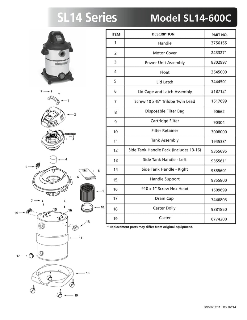 Shop-Vac Parts List for SL14-600C Models (12 Gallon* Black Shop-Vac Parts List for SL14-600C Models (12 Gallon* Black