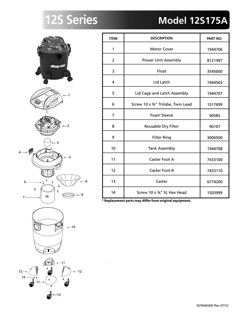 Shop-Vac Parts List for 12S175A Models (5 Gallon* Vac)
