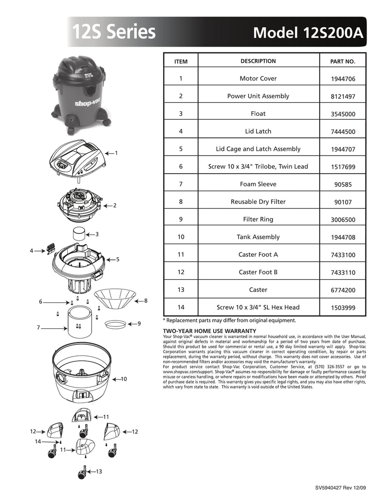 Shop-Vac Parts List for 12S200A Models (5 Gallon* Black Vac)