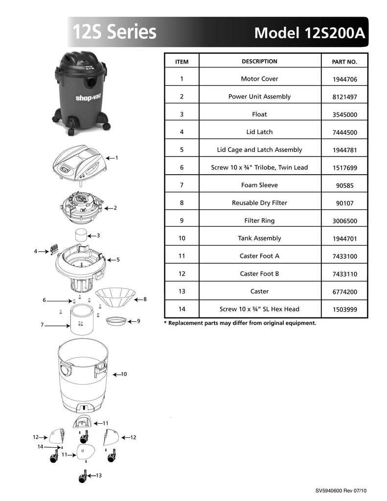 Shop-Vac Parts List for 12S200A Models (6 Gallon* Red / Black Vac)