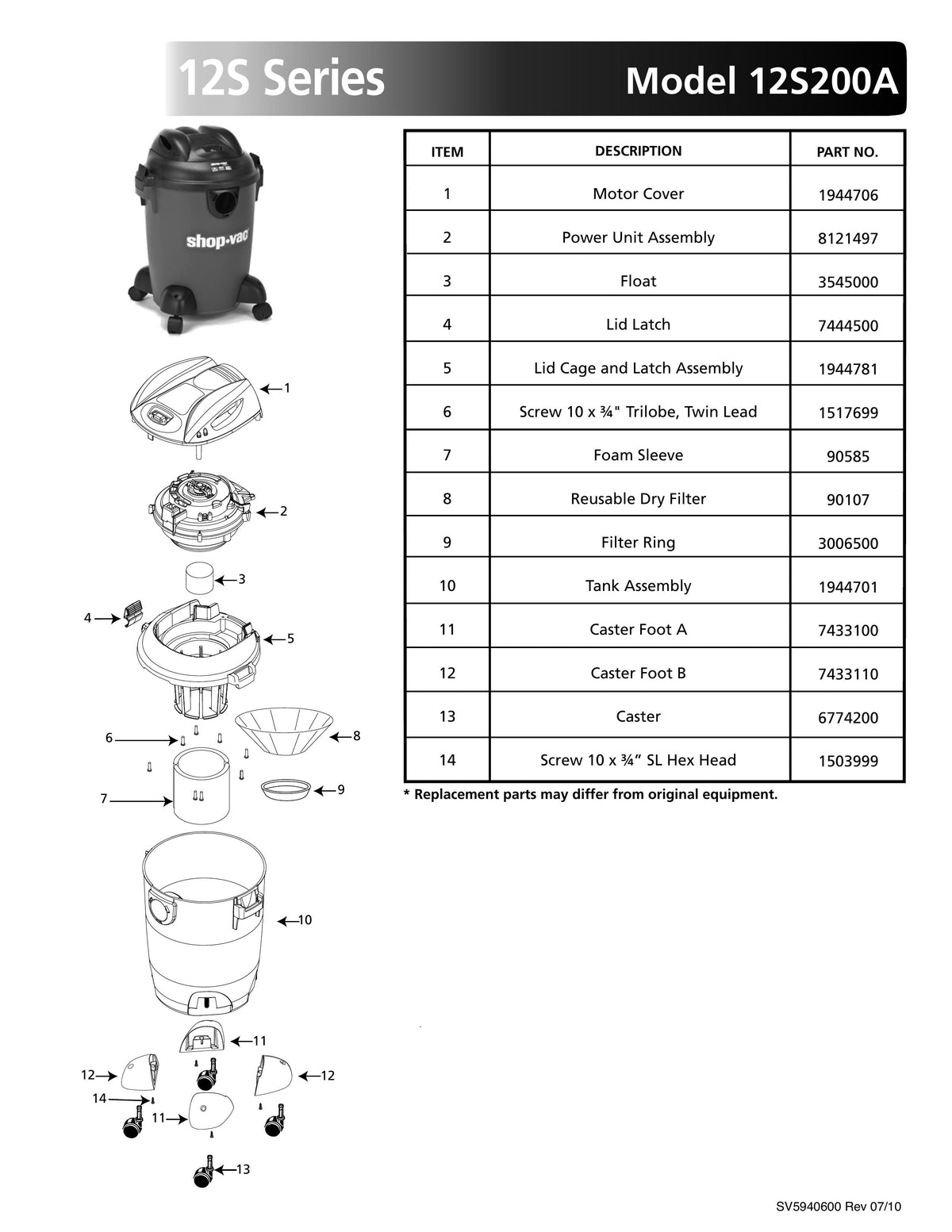 ShopVac Parts List for 12S200A Models (6 Gallon* Red / Black Vac