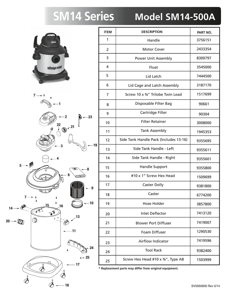 Shop-Vac Parts List for SM14-500A Models (8 Gallon* Black / Yellow Stainless Steel Vac)