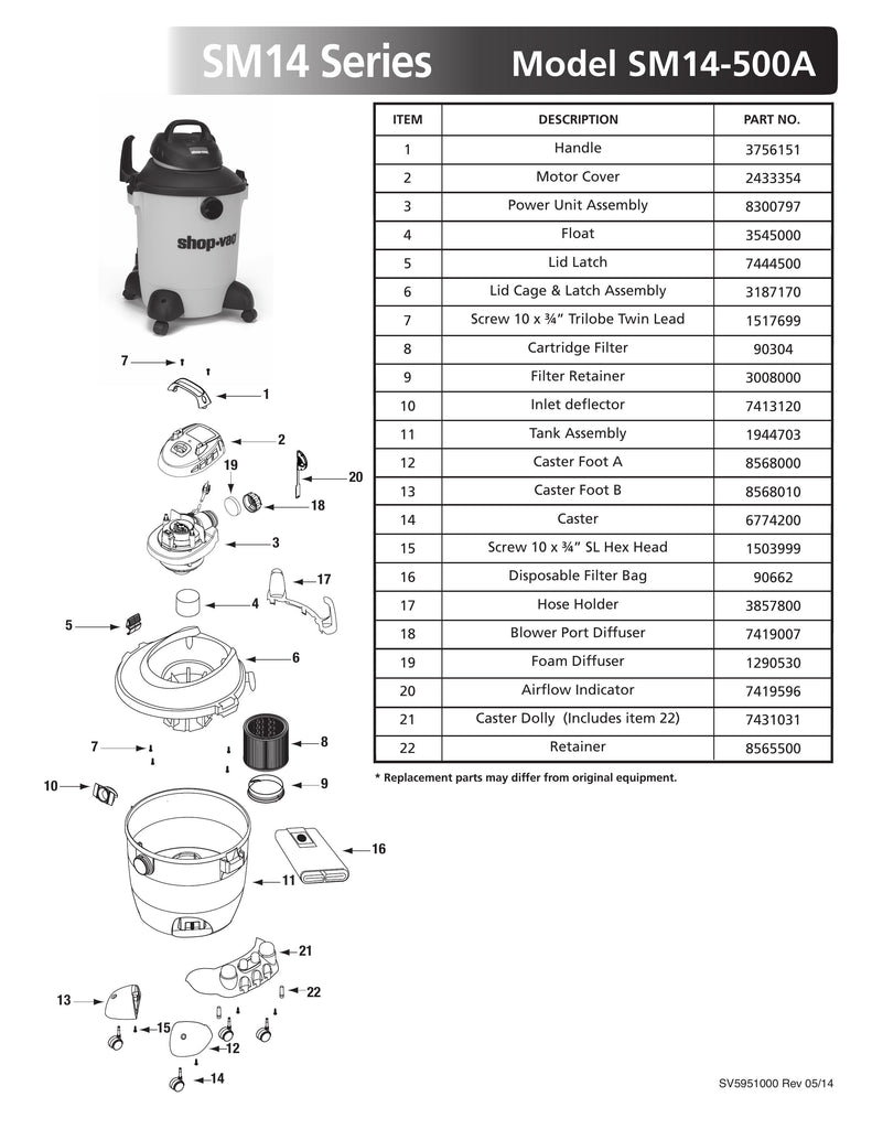 Shop-Vac Parts List for SM14-500A Models (10 Gallon* Yellow / Black Vac)