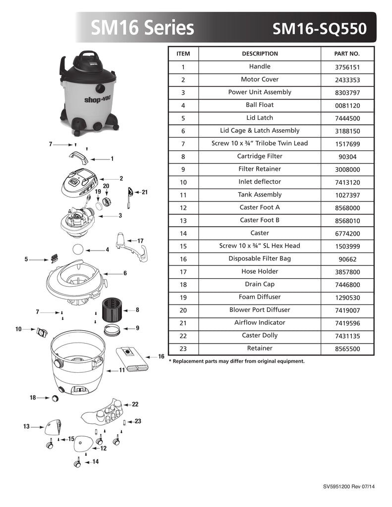 Shop-Vac Parts List for SM16-SQ550 Models (12 Gallon* Yellow / Black SVX2 Vac)